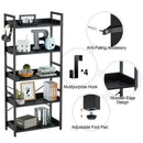 Rolanstar Bookshelf 5 Tier with 4 Hooks, Industrial Wood Bookcase, Vintage Storage Rack with Open Shelves, Rustic Standing Bookshelves Metal Frame Display Rack for Living Room, Bedroom, Black