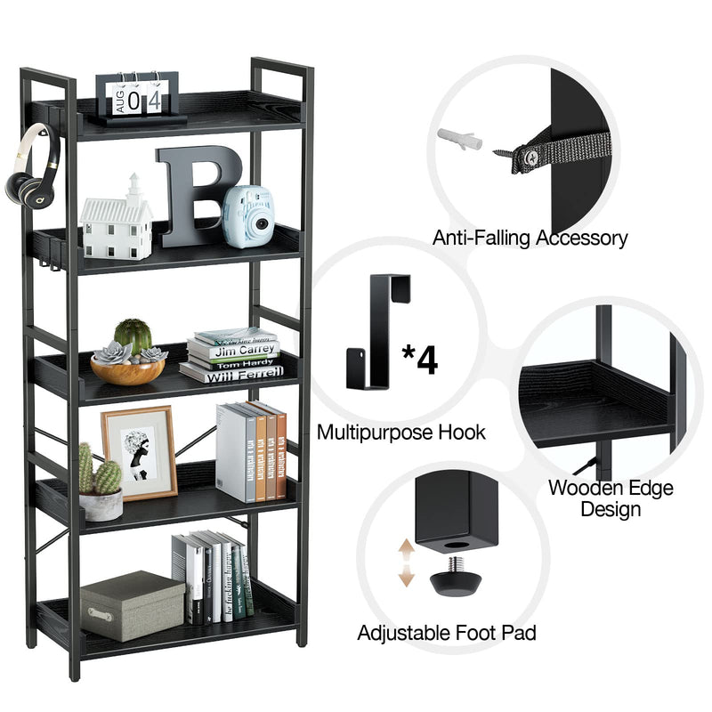 Rolanstar Bookshelf 5 Tier with 4 Hooks, Industrial Wood Bookcase, Vintage Storage Rack with Open Shelves, Rustic Standing Bookshelves Metal Frame Display Rack for Living Room, Bedroom, Black
