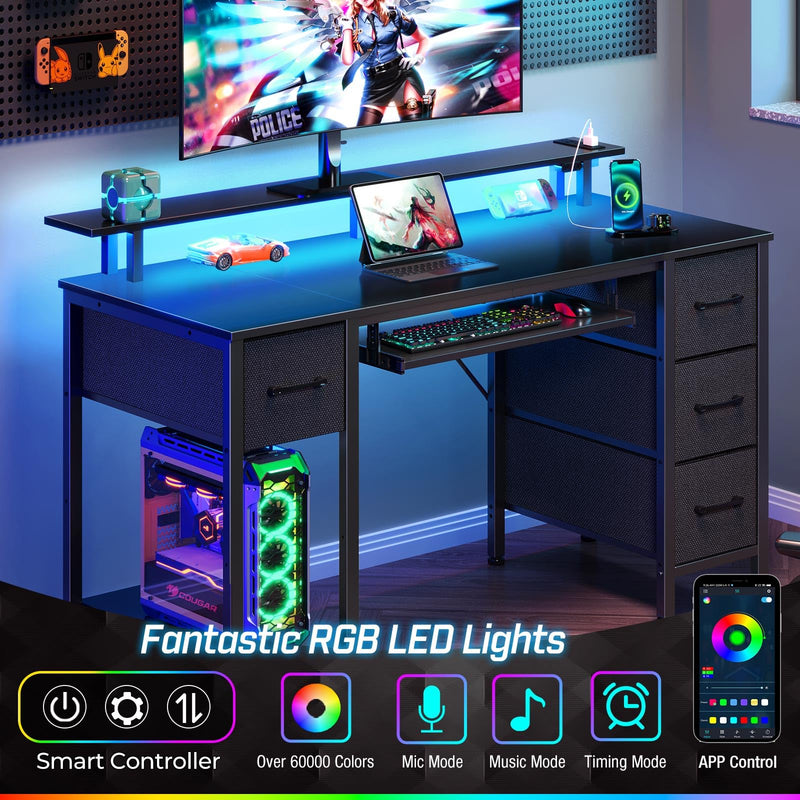 Seventable Computer Desk 47.2" with LED Lights & Power Outlets, Home Office Desk with 4 Drawers, Writing Desk with Keyboard Tray, Study Table with Monitor Stand, Work Desks for Home Office, Black