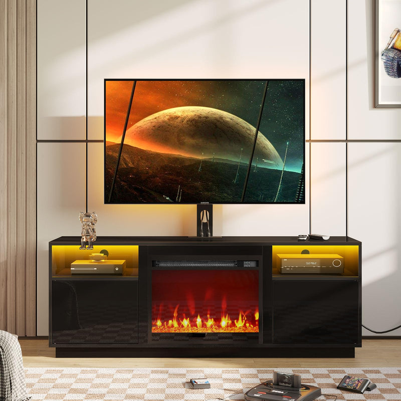 Rolanstar Fireplace TV Stand with Led Lights and Power Outlets, Entertainment Center with Electric Fireplace, Swivel TV Stand Mount for 45/55/60/65 inch TVs, Height Adjustable TV Console, Black