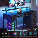 Seventable Computer Desk 55.1" with LED Lights & Power Outlets, Home Office Desk with 4 Drawers, Writing Desk with Keyboard Tray, Study De sk with Monitor Stand, Work for Home Office, Black