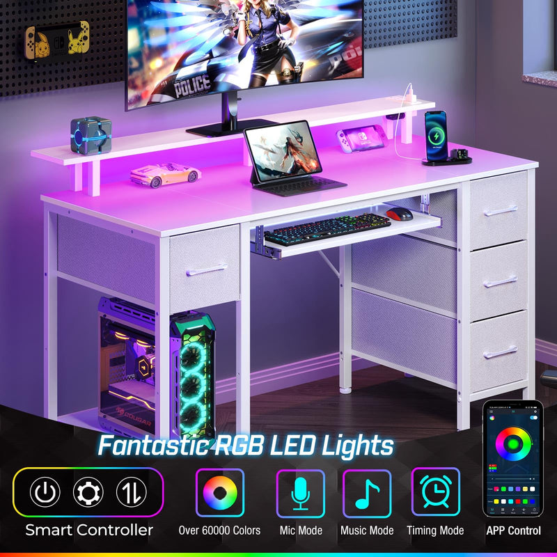 Seventable Computer Desk 55.1" with LED Lights & Power Outlets, Home Office Desk with 4 Drawers, Writing Desk with Keyboard Tray, Study Table with Monitor Stand, Work for Home Office, White