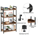 Rolanstar Bookshelf 4 Tier with 4 Hooks, Industrial Bookcase, Vintage Storage Rack with Open Shelves, Rustic Standing Bookshelves Metal Frame Display Rack for Living Room, Bedroom, Rustic Brown