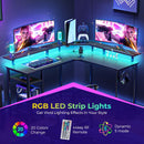 Rolanstar L Shaped Gaming Desk with LED Lights & Power Outlets, 46.2" Computer Desk with Full Monitor Stand & Storage Shelf, Corner Desk with Hooks, Carbon Fiber Desk Reversible