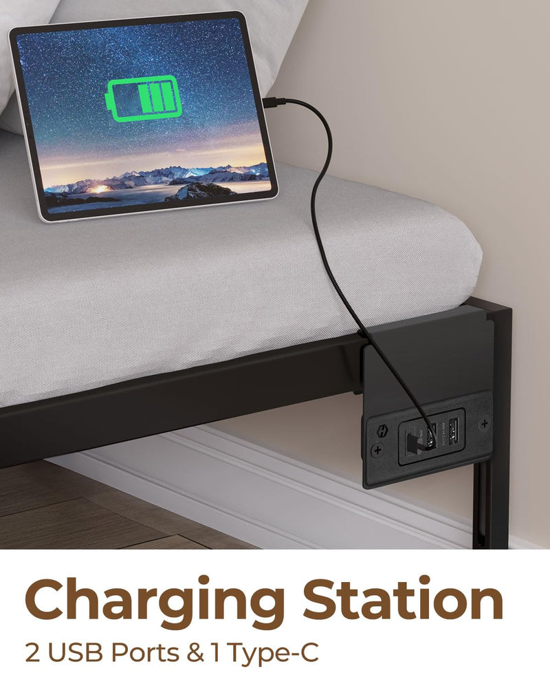 Rolanstar Bed Frame with USB Charging Station, Twin Bed Frame with LED Lights, Platform Bed Frame with Heavy Duty Steel Slats, 14" Storage Space Beneath Bed