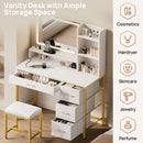 Rolanstar Vanity Desk with Mirror and Lights, Makeup Vanity with Upholstered Vanity Stool, 4 Drawers, Power Outlets, Vanity Set with 4 Compartments for Bedroom White and Gold