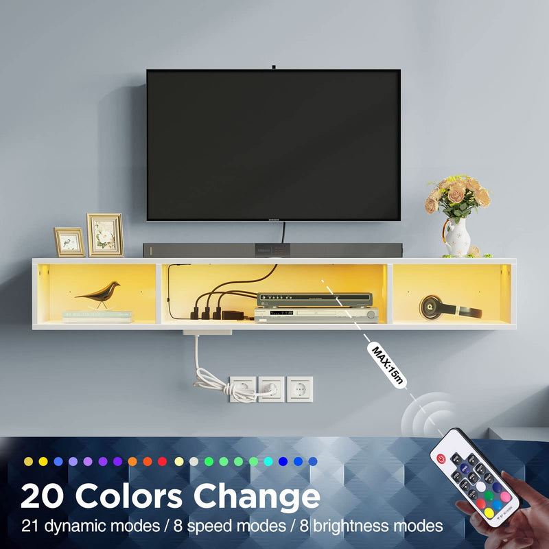 Rolanstar TV Stand with Power Outlet, Floating TV Stand with RGB Lights, 55.1" Wall Mounted TV Shelf, White Media Console with Storage Shelf, Entertainment Under TV for Living Room, Bedroom