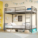 Rolanstar Metal Bunk Bed Full Over Full with USB Charging Station, LED Bunk Bed & Space-Saving, Bed with Safety Guardrail & Ladders, No Box Spring Needed, Easy Assembly, Grey