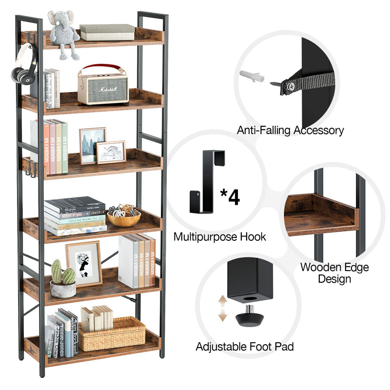 Rolanstar Bookshelf 6 Tier with 4 Hooks, Industrial Bookcase, Vintage Storage Rack with Open Shelves, Rustic Standing Bookshelves Metal Frame Display Rack for Living Room, Bedroom, Rustic Brown