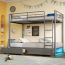 Rolanstar Metal Bunk Bed Twin Over Twin with USB Charging Station, LED Bunk Bed with 2 Storage Drawers, Bed with Safety Guardrail & Ladders, No Box Spring Needed, Easy Assembly, Grey