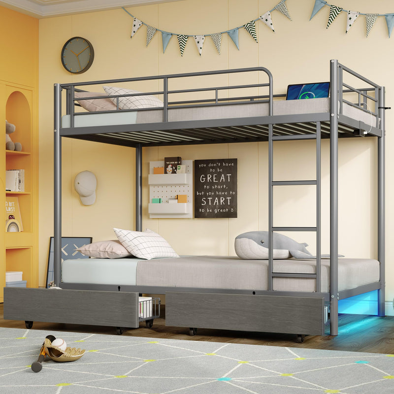 Rolanstar Metal Bunk Bed Twin Over Twin with USB Charging Station, LED Bunk Bed with 2 Storage Drawers, Bed with Safety Guardrail & Ladders, No Box Spring Needed, Easy Assembly, Grey