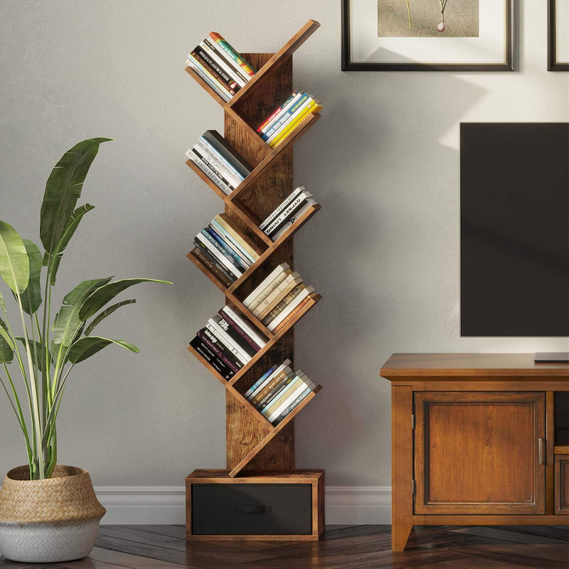Rolanstar Tree Bookshelf with Drawer, 9 Shelf Bookshelf, Wooden Bookcase Storage Rack for CDs/Movies/Books, Corner Bookshelves, Utility Organizer Shelves for Living Room, Bedroom, Rustic Brown