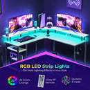 Rolanstar L Shaped Gaming Desk with LED Lights & Power Outlets, 53" Computer Desk with Full Monitor Stand & Storage Shelf, Corner Desk with Hooks, White Desk Reversible
