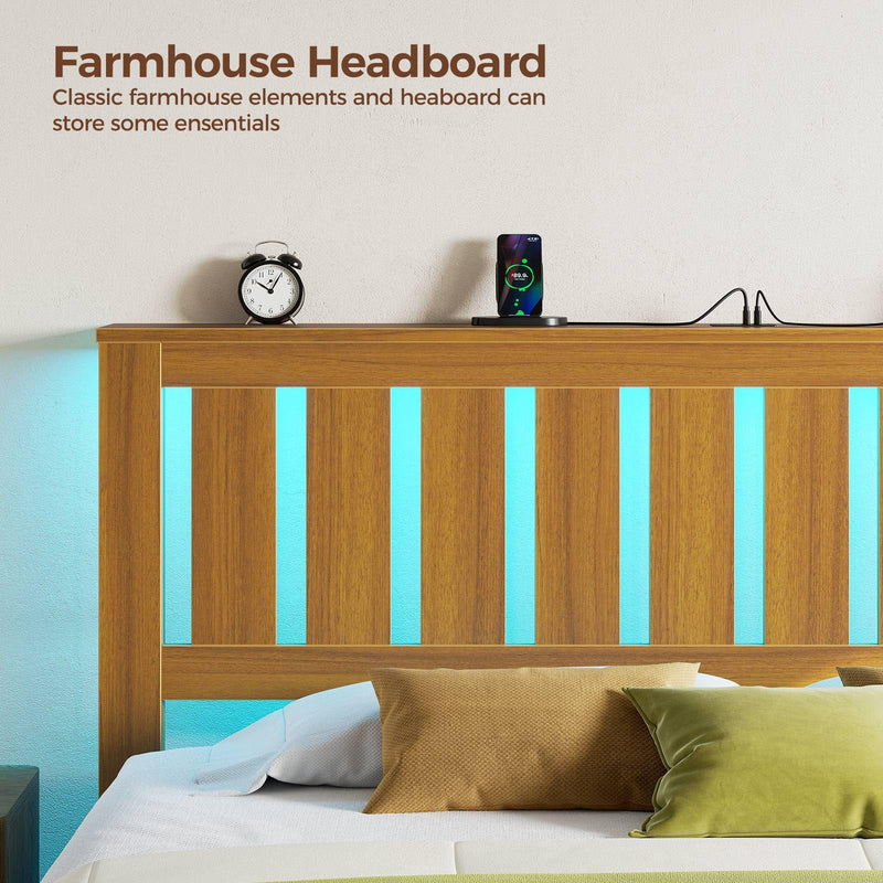 Rolanstar Twin Bed Frame with Headboard, Charging Station and LED Lights, Wooden Bed Frame Foundation with Wood Slat Support, No Box Spring Needed, Pine