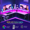 Rolanstar L Shaped Gaming Desk with LED Lights & Power Outlets, 46.2" Computer Desk with Full Monitor Stand & Storage Shelf, Corner Desk with Hooks, White Desk Reversible