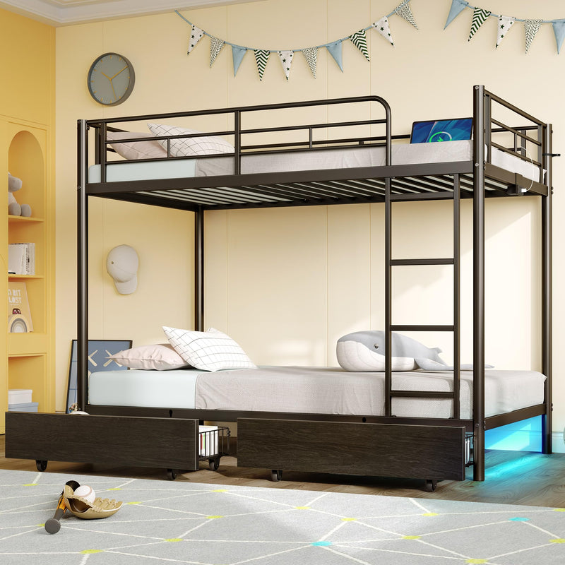 Rolanstar Metal Bunk Bed Twin Over Twin with USB Charging Station, LED Bunk Bed with 2 Storage Drawers, Bed with Safety Guardrail & Ladders, No Box Spring Needed, Easy Assembly, Black