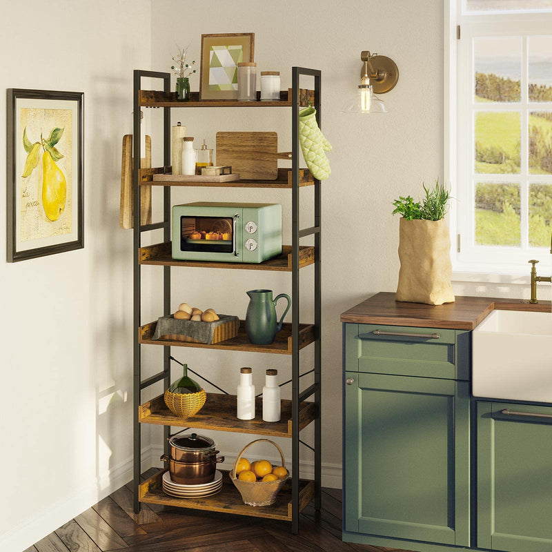 Rolanstar Bookshelf 6 Tier with 4 Hooks, Industrial Bookcase, Vintage Storage Rack with Open Shelves, Rustic Standing Bookshelves Metal Frame Display Rack for Living Room, Bedroom, Rustic Brown