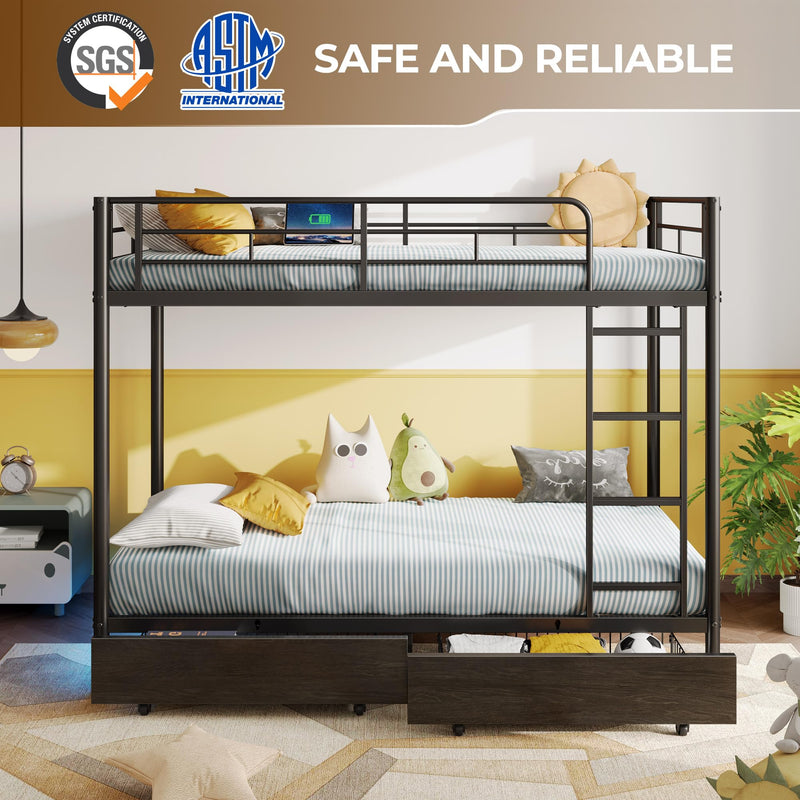 Rolanstar Metal Bunk Bed Twin Over Twin with USB Charging Station, LED Bunk Bed with 2 Storage Drawers, Bed with Safety Guardrail & Ladders, No Box Spring Needed, Easy Assembly, Black