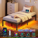 Rolanstar Bed Frame with USB Charging Station, Twin Bed Frame with LED Lights, Platform Bed Frame with Heavy Duty Steel Slats, 14" Storage Space Beneath Bed