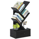 Rolanstar Bookshelf with Drawer, 4 Shelf Tree Bookshelf, Wooden Bookshelves Storage Rack for CDs/Movies/Books, Black Bookcase, Utility Organizer Shelves for Living Room, Bedroom