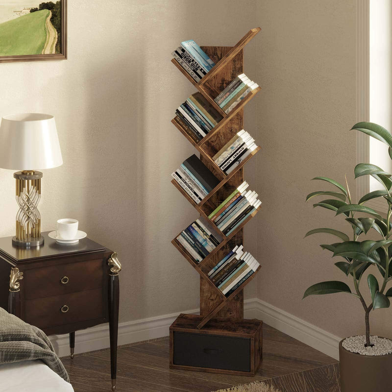 Rolanstar Tree Bookshelf with Drawer, 9 Shelf Bookshelf, Wooden Bookcase Storage Rack for CDs/Movies/Books, Corner Bookshelves, Utility Organizer Shelves for Living Room, Bedroom, Rustic Brown