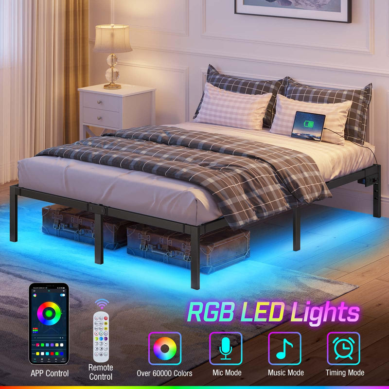 Rolanstar Bed Frame with USB Charging Station, Queen Bed Frame with LED Lights, Platform Bed Frame with Heavy Duty Steel Slats, 14" Storage Space Beneath Bed