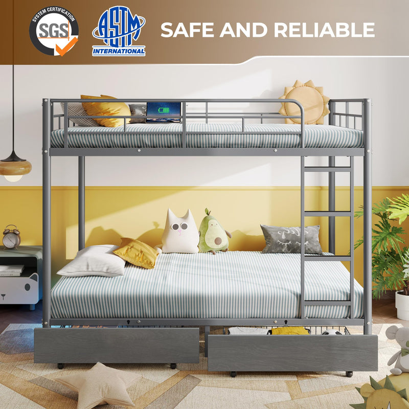 Rolanstar Metal Bunk Bed Full Over Full with USB Charging Station, LED Bunk Bed with 2 Storage Drawers, Bed with Safety Guardrail & Ladders, No Box Spring Needed, Easy Assembly, Grey