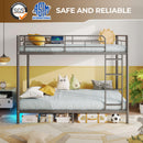 Rolanstar Metal Bunk Bed Full Over Full with USB Charging Station, LED Bunk Bed & Space-Saving, Bed with Safety Guardrail & Ladders, No Box Spring Needed, Easy Assembly, Grey