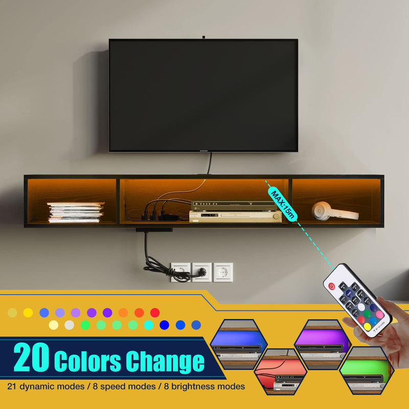 Rolanstar TV Stand with Power Outlet, Floating TV Stand with RGB Lights, 47.2" Wall Mounted TV Shelf, Black Media Console with Storage Shelf, Entertainment Under TV for Living Room, Bedroom