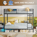 Rolanstar Metal Bunk Bed Twin Over Twin with USB Charging Station, LED Bunk Bed & Space-Saving, Bed with Safety Guardrail & Ladders, No Box Spring Needed, Easy Assembly, Black
