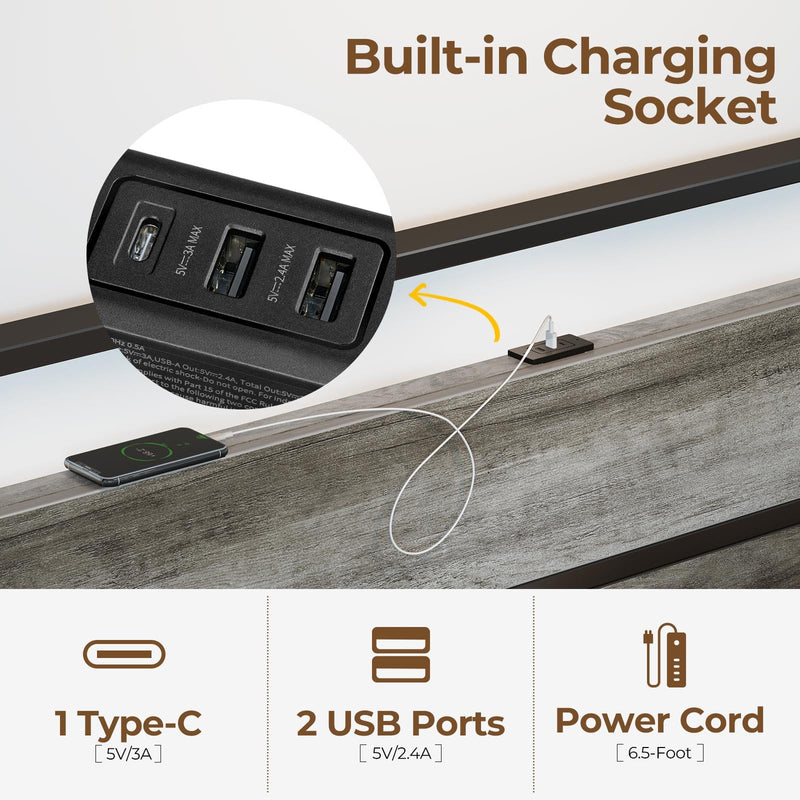 Rolanstar Twin Bed Frames with Headboard, Twin Bed with LED Lights, Camas Twin Size Bed with Charging Station, Solid Metal Slats, Noise Free, No Box Spring Needed, Grey