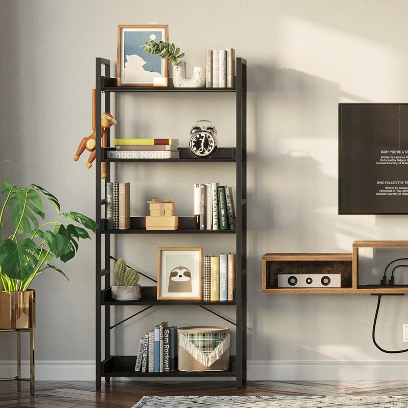 Rolanstar Bookshelf 5 Tier with 4 Hooks, Industrial Wood Bookcase, Vintage Storage Rack with Open Shelves, Rustic Standing Bookshelves Metal Frame Display Rack for Living Room, Bedroom, Black