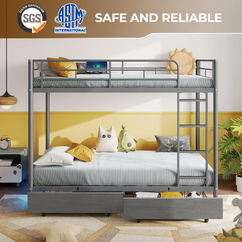 Rolanstar Metal Bunk Bed Twin Over Twin with USB Charging Station, LED Bunk Bed with 2 Storage Drawers, Bed with Safety Guardrail & Ladders, No Box Spring Needed, Easy Assembly, Grey