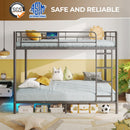 Rolanstar Metal Bunk Bed Twin Over Twin with USB Charging Station, LED Bunk Bed & Space-Saving, Bed with Safety Guardrail & Ladders, No Box Spring Needed, Easy Assembly, Grey