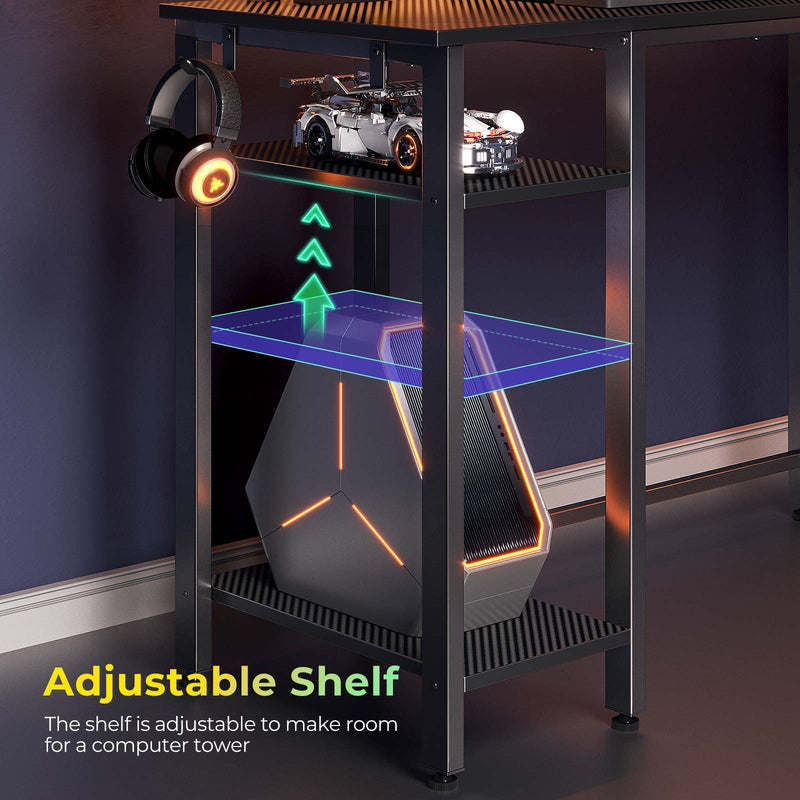 Rolanstar L Shaped Gaming Desk with LED Lights & Power Outlets, 46.2" Computer Desk with Full Monitor Stand & Storage Shelf, Corner Desk with Hooks, Carbon Fiber Desk Reversible