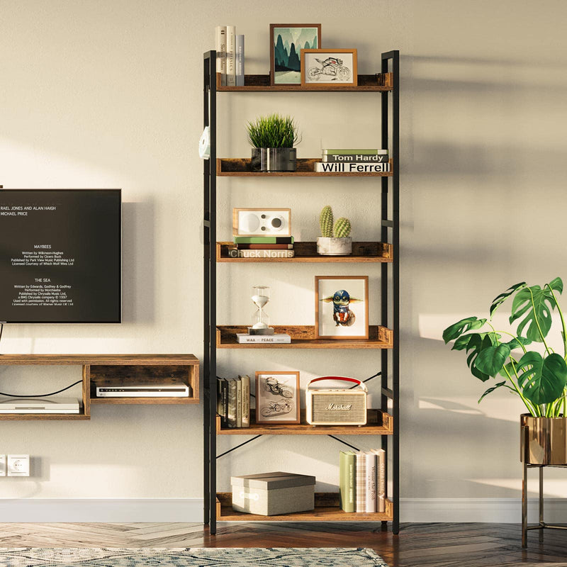 Rolanstar Bookshelf 6 Tier with 4 Hooks, Industrial Bookcase, Vintage Storage Rack with Open Shelves, Rustic Standing Bookshelves Metal Frame Display Rack for Living Room, Bedroom, Rustic Brown