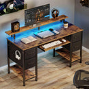 Seventable Computer Desk 55.1" with LED Lights & Power Outlets, Home Office Desk with 4 Drawers, Writing Desk with Keyboard Tray, Study Table with Monitor Stand, Work Table for Office, Rustic Brown