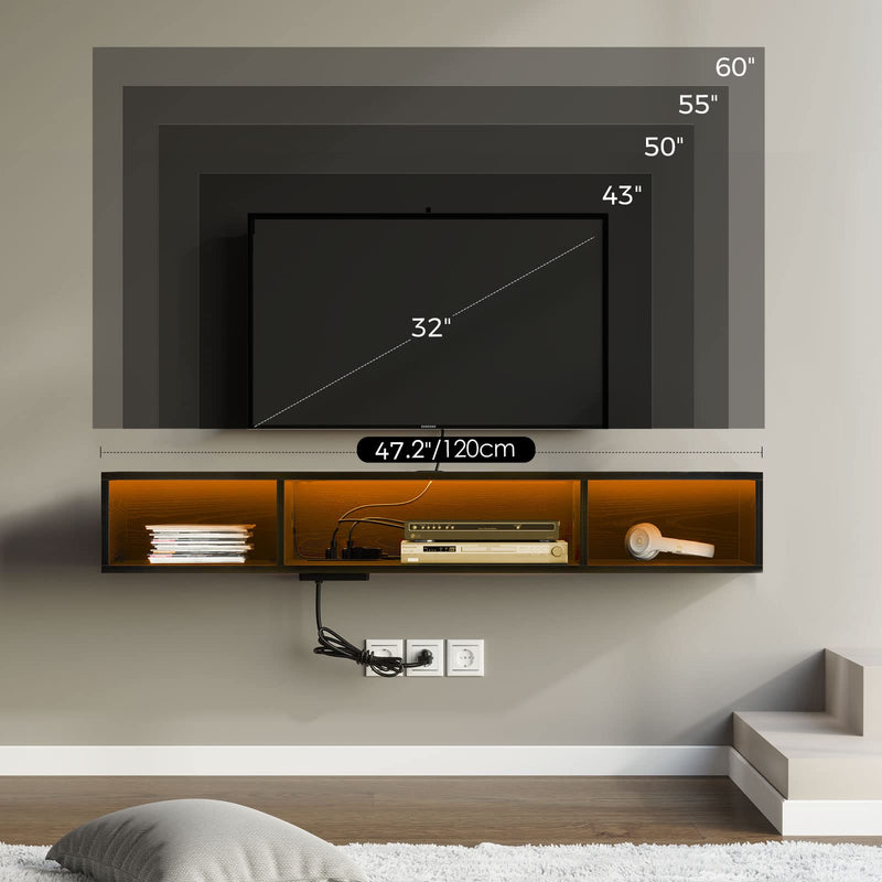 Rolanstar TV Stand with Power Outlet, Floating TV Stand with RGB Lights, 47.2" Wall Mounted TV Shelf, Black Media Console with Storage Shelf, Entertainment Under TV for Living Room, Bedroom