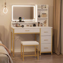 Rolanstar Vanity Desk with Mirror and Lights, Makeup Vanity with Upholstered Vanity Stool, 4 Drawers, Power Outlets, Vanity Set with 4 Compartments for Bedroom White and Gold
