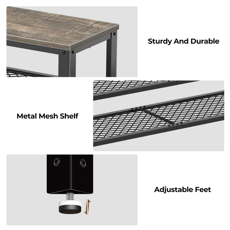 Rolanstar Shoe Bench, 3-Tier Shoe Rack, 39.4” Storage Entry Bench with Mesh Shelves Wood Seat, Rustic Foyer Bench for Hallway Front Door, Doorway, Living Room, Mudroom, Steel Frame, Gray