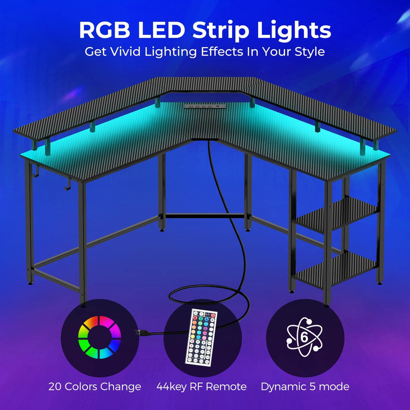 Rolanstar L Shaped Gaming Desk with LED Lights & Power Outlets, 53" Computer Desk with Full Monitor Stand & Storage Shelf, Corner Desk with Hooks, Carbon Fiber Desk Reversible Visit the Rolanstar Store