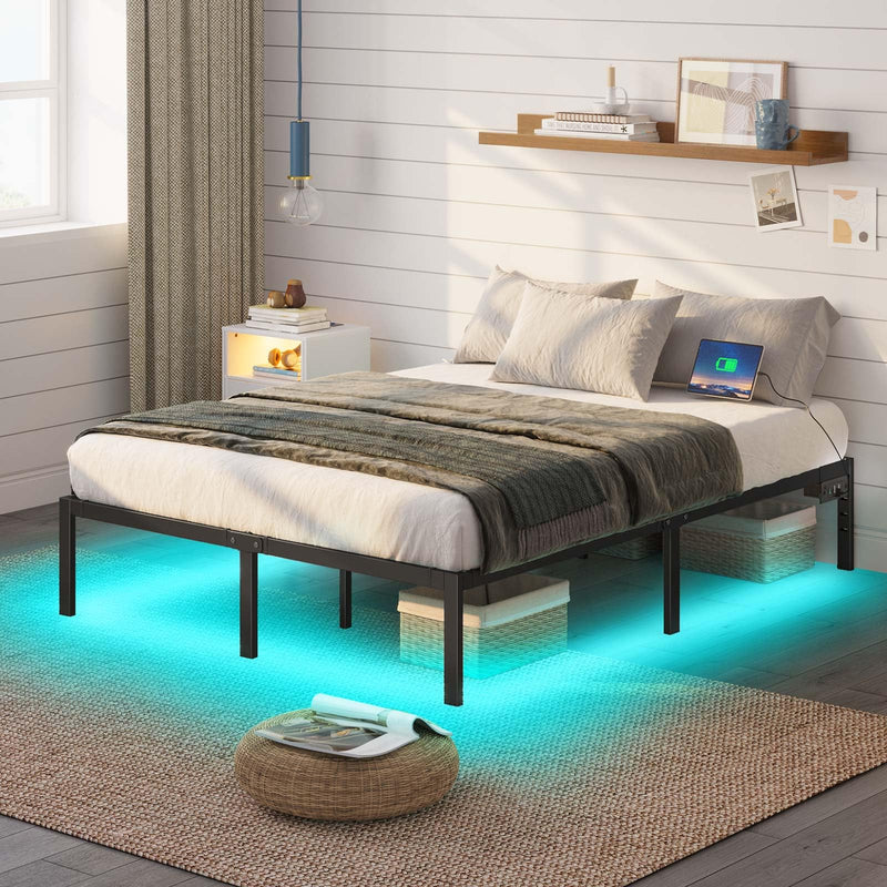 Rolanstar Bed Frame with USB Charging Station, Full Bed Frame with LED Lights, Platform Bed Frame with Heavy Duty Steel Slats, 14" Storage Space Beneath Bed