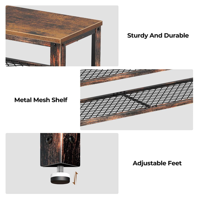 Rolanstar Shoe Bench, 3-Tier Shoe Rack, 28.7” Storage Entry Bench with Mesh Shelves Wood Seat, Rustic Foyer Bench for Hallway Front Door, Doorway, Living Room, Mudroom, Steel Frame, Rustic Brown