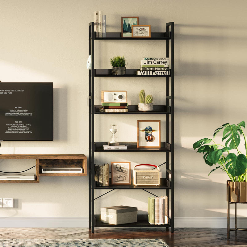 Rolanstar Bookshelf 6 Tier with 4 Hooks, Industrial Bookcase, Vintage Storage Rack with Open Shelves, Rustic Standing Bookshelves Metal Frame Display Rack for Living Room, Bedroom, Black