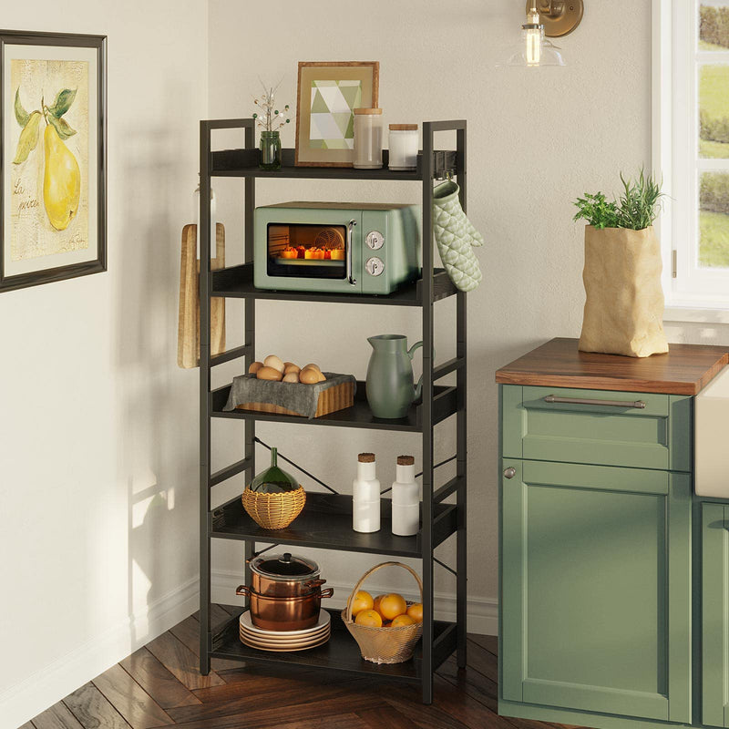 thumbnail image 2 of Rolanstar 5-Tier Industrial Bookshelf With 4 Hooks - Rustic Brown Wood & Metal Storage Shelf For Living Room, Bedroom 2 of 6