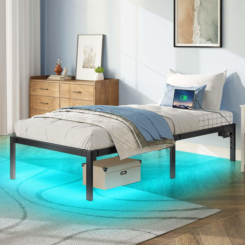 Rolanstar Bed Frame with USB Charging Station, Twin Bed Frame with LED Lights, Platform Bed Frame with Heavy Duty Steel Slats, 14" Storage Space Beneath Bed