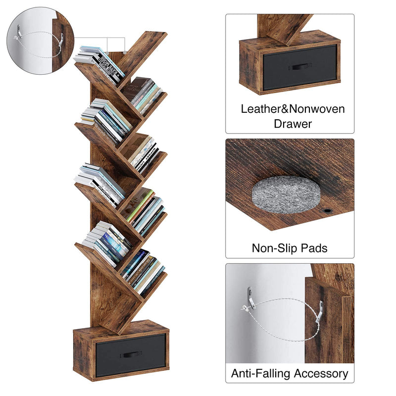 Rolanstar Tree Bookshelf with Drawer, 9 Shelf Bookshelf, Wooden Bookcase Storage Rack for CDs/Movies/Books, Corner Bookshelves, Utility Organizer Shelves for Living Room, Bedroom, Rustic Brown