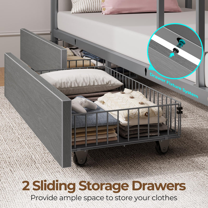 Rolanstar Metal Bunk Bed Twin Over Twin with USB Charging Station, LED Bunk Bed with 2 Storage Drawers, Bed with Safety Guardrail & Ladders, No Box Spring Needed, Easy Assembly, Grey