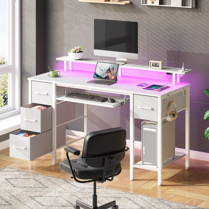 Seventable Computer Desk 55.1" with LED Lights & Power Outlets, Home Office Desk with 4 Drawers, Writing Desk with Keyboard Tray, Study Table with Monitor Stand, Work for Home Office, White