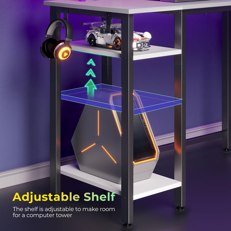 Rolanstar L Shaped Gaming Desk with LED Lights & Power Outlets, 46.2" Computer Desk with Full Monitor Stand & Storage Shelf, Corner Desk with Hooks, White Desk Reversible